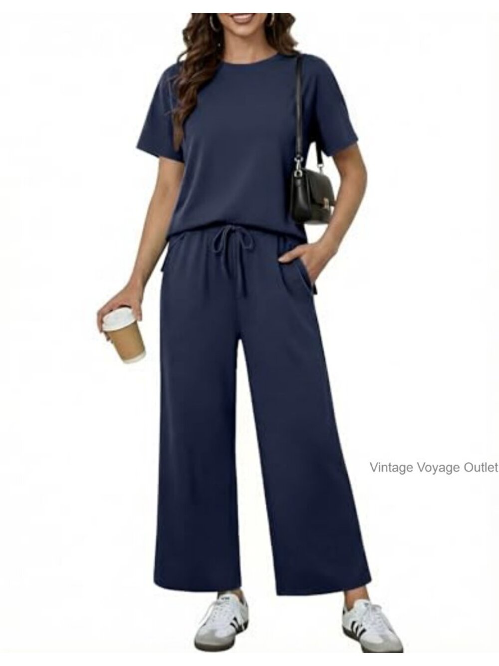 2 Piece Lounge Set Short Sleeve Crew Neck Wide Leg Pants with Pockets